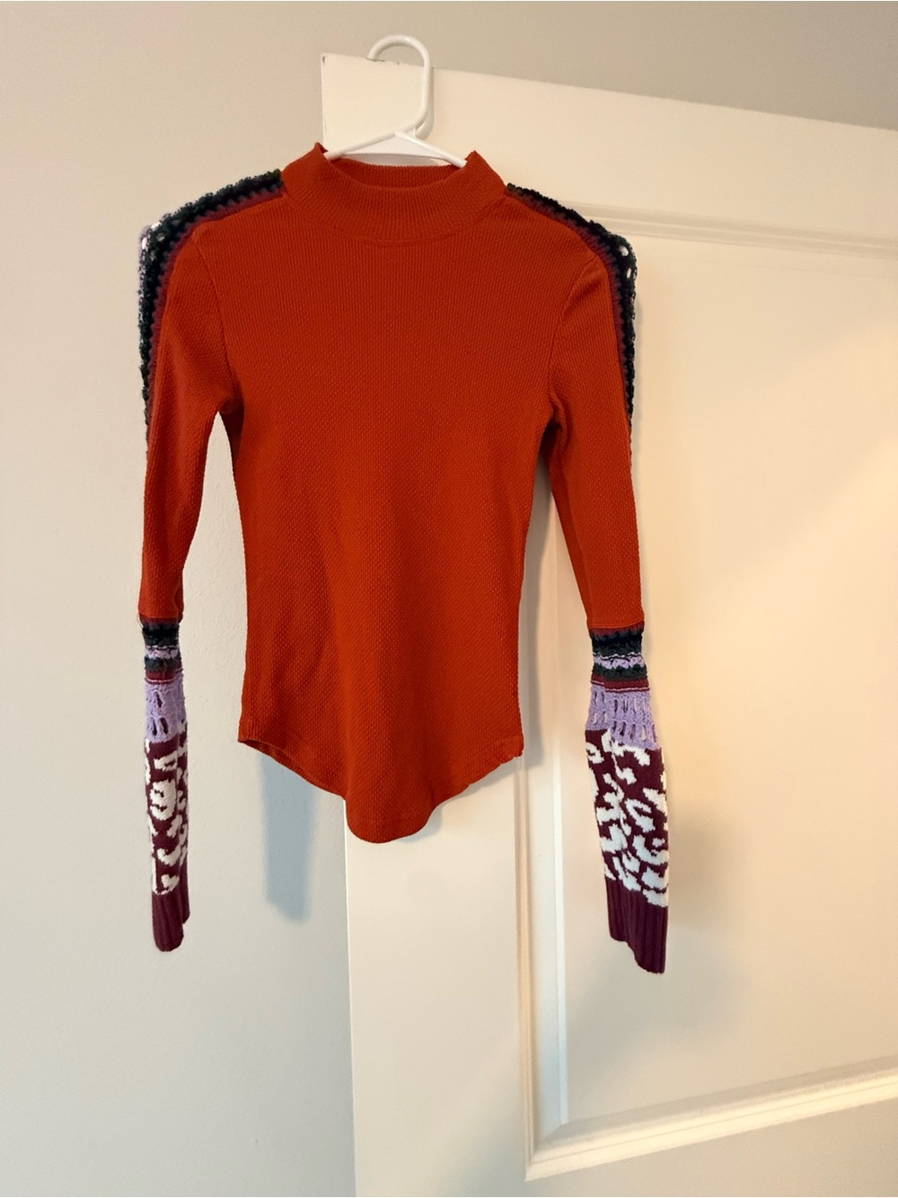 Free People Rust Orange Mock Neck Bodysuit with Patterned Knit Sleeves